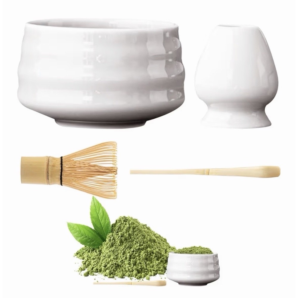 White Ceramic Matcha Tea Set with Bamboo Whisk Scoop and Whisk Holder 4‎ Piece